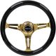 NRG ST-015CG-BK Classic Wood Grain Wheel - 350mm 3 Chrome Gold Spokes - Black Grip